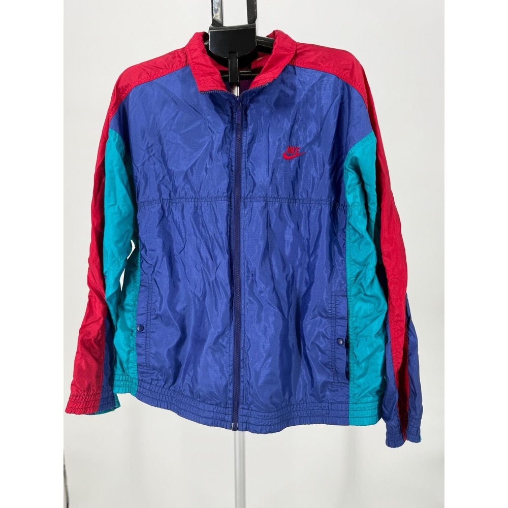 VTG‎ 90's Nike Colorblock Windbreaker Jacket Red Teal Full Zip Mens L Red Swoosh